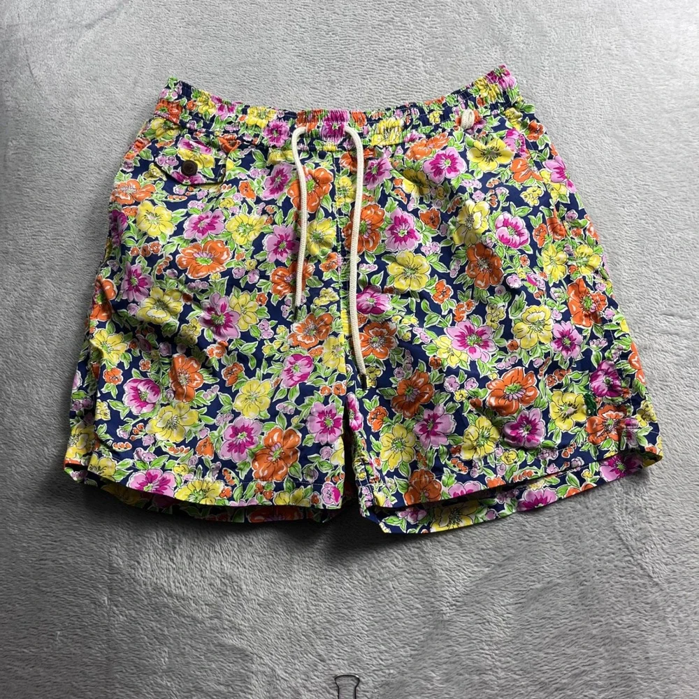 Polo Ralph Lauren Floral Swim Trunks Mens Large Navy Blue Pink Orange 6in Inseam